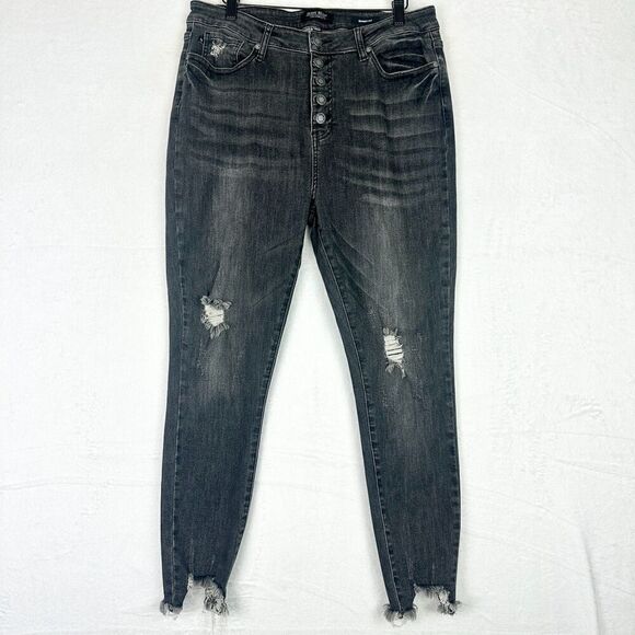 Judy Blue Button Fly Skinny Jeans Size 15/32 Black Distressed Raw Chewed Hem - Picture 1 of 8